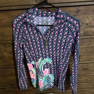 Lilly Pulitzer Navy & Pink Geo Print Half-Zip Hoodie with Floral Swirl